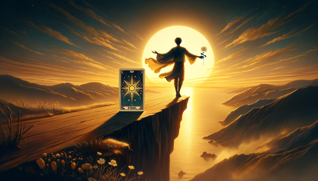 Enchanting scene of The Fool tarot card at sunrise, with a silhouetted figure poised on the edge of a cliff, stepping off into the unknown against a breathtaking backdrop of a radiant sun hovering over the horizon. The card itself is prominently displayed, reinforcing its theme of beginnings and risk-taking. Wildflowers and grasses edge the wooden cliff pathway, and distant mountains cascade into the sea, illustrating the vast potential and adventurous spirit that The Fool embodies in the journey of life.
