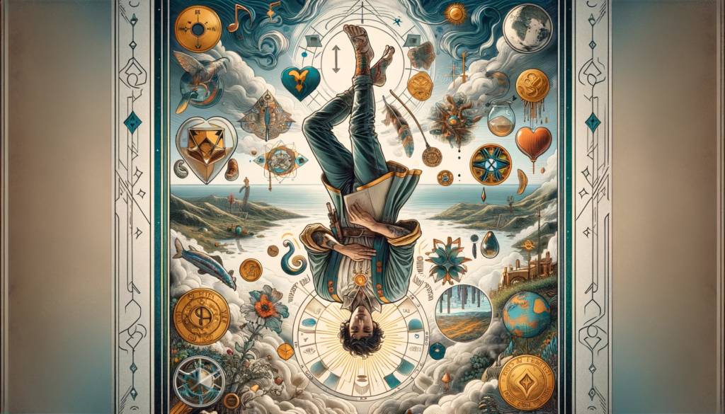 Elaborate and symbolic representation of The Fool tarot card in a reversed position, signifying introspection and caution. The central figure is inverted, holding an open book, poised above a sundial amidst an array of floating tarot symbols and alchemical elements. Surrounding icons include hearts, moons, and coins, set against a serene landscape with mountains and a tranquil sea, reflecting the multifaceted nature of The Fool's journey from innocence to experience. This image serves as an allegory for the potential of new ventures when tempered with wisdom, embodying both the excitement of new paths and the dangers of heedlessness.