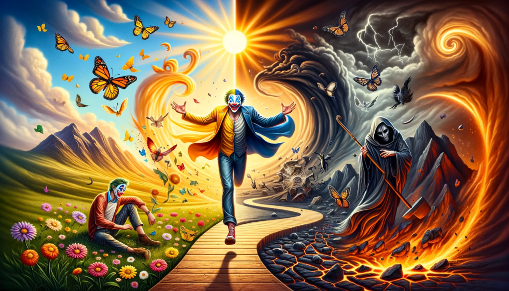 Vivid depiction of The Fool tarot card as a metaphorical journey between joy and peril, with a jubilant figure in a clown mask confidently striding along a wooden path that divides two contrasting worlds. On the left, a serene landscape with blooming flowers, fluttering butterflies, and tranquil mountains evokes a sense of peace and new beginnings. On the right, a dark and ominous scene unfolds with a robed figure resembling the Grim Reaper standing on a desolate, lava-filled terrain, symbolizing danger and recklessness. This dualistic image encapsulates the full spectrum of The Fool's journey from naivety to wisdom in the tarot.