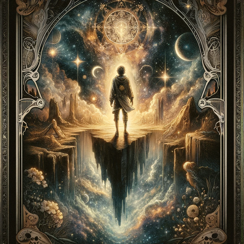 Surreal and mystical portrayal of The Fool tarot card, featuring a solitary figure standing on the precipice of a chasm, gazing into a cosmic galaxy. Surrounded by celestial bodies, ancient monoliths, and a mesmerizing array of stars and planets, the scene captures the spirit of journeying into the unknown. Ornate frames with mystical symbols border the image, enhancing its otherworldly ambiance. This visual represents the duality of The Fool's meaning in tarot: the excitement of new beginnings and the cautionary tale of recklessness.