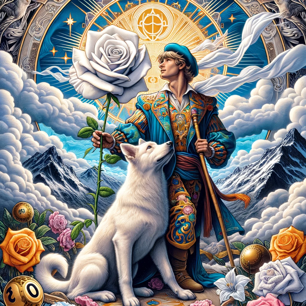 Vibrant illustration of The Fool tarot card with a young adventurer clad in richly embroidered blue and gold clothing, holding a large, radiant white rose that symbolizes innocence and a fresh start. Accompanied by a white dog looking up at him, representing loyalty and protection, the figure stands confidently at the edge of a cliff with majestic snow-capped mountains in the distance, indicating upcoming challenges. The sky above is adorned with a golden sun and astrological symbols, hinting at the cosmic influence and potential of the journey ahead. This image is a perfect representation for articles discussing the themes of new beginnings and the fine line between innocence and recklessness embodied by The Fool in tarot readings.