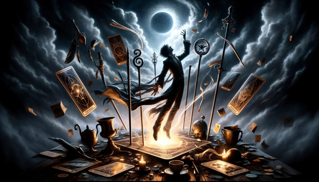 A dramatic portrayal of The Magician tarot card reversed, with a figure at the center surrounded by a swirl of Tarot cards, wands, and cups against a tumultuous sky, symbolizing misused power and the thin line between manifestation and deception.