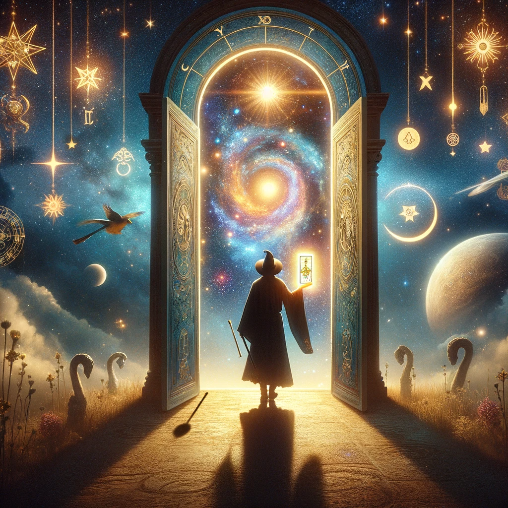 Seeker embarking on a tarot journey at the doorway to the cosmos, with The Magician card in hand, symbolizing personal transformation. Surrounded by astrological symbols and a galaxy, the image evokes the dual themes of manifestation and deception from The Magician's meaning in tarot readings.
