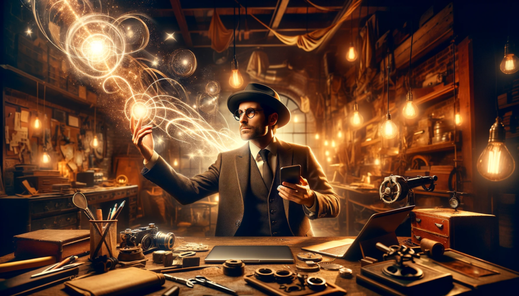A modern interpretation of The Magician tarot card, depicting an innovative creator channeling magical energy from a smartphone to a laptop in a workshop aglow with vintage and contemporary gadgets, symbolizing the melding of old wisdom and new technology.