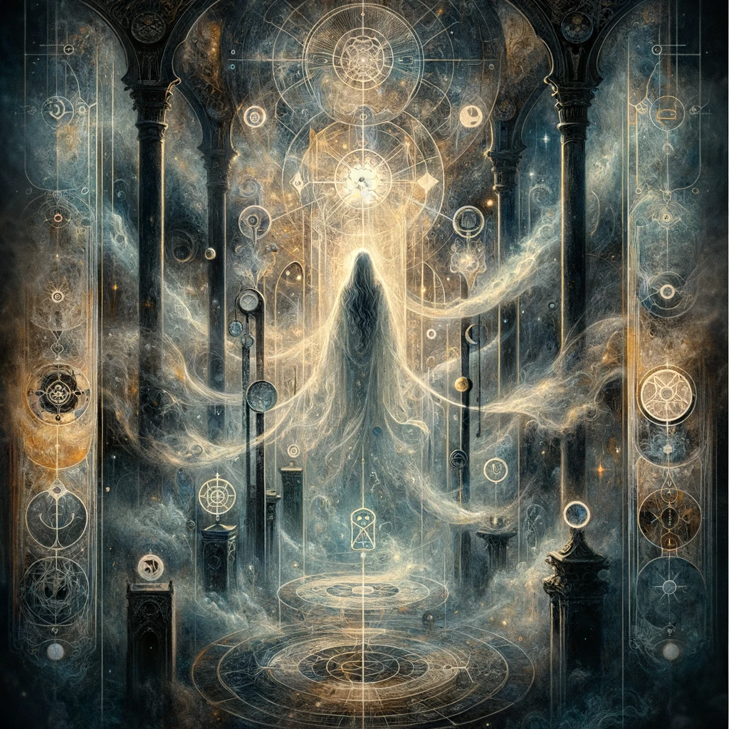 Inverted High Priestess Tarot Card in Ethereal Fog - an artistic depiction of the reversed High Priestess tarot card, symbolizing the struggle between intuition and doubt. This mystical image shows the High Priestess shrouded in a veil of fog and shadows, surrounded by symbols of blocked spiritual paths, highlighting the journey toward inner clarity.
