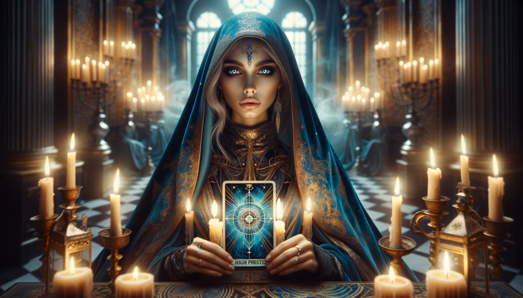 Mystical High Priestess with Tarot Card - a striking image of a serene figure cloaked in blue and gold, seated in a candlelit chamber that embodies the wisdom of The High Priestess tarot card. She holds a radiant High Priestess card, symbolizing a deep connection to the mystical. Her symmetrical, knowing eyes engage the viewer, amidst a backdrop of tarot symbols and a harmonious blue and gold color scheme, enhancing the article 'What does The High Priestess tarot card mean?' under the subtitle 'The High Priestess: Intuition vs. Obfuscation.'