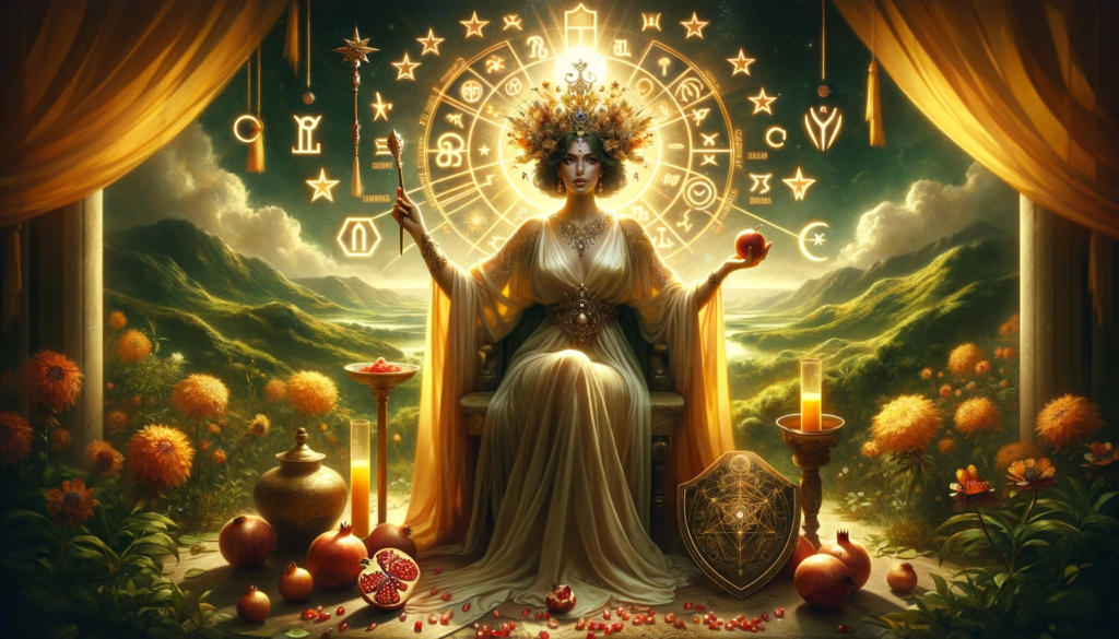 Fantasy-inspired visual interpretation of The Empress tarot card, showcasing a regal figure crowned with Zodiac symbols, amidst a verdant landscape with fertility-symbolizing pomegranates, and a Venus glyph on a heart-shaped shield, set against a golden background representing intellect and motherly nurture.