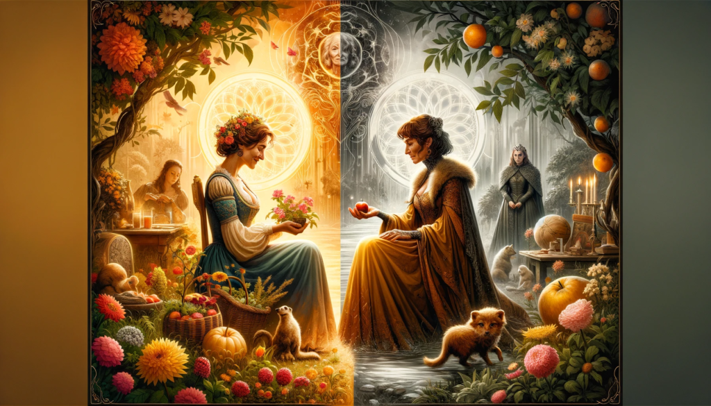 Artistic representation of the dual nature of The Empress tarot card, capturing both nurturing and neglectful aspects inspired by pop culture. The left side of the image features a warm, motherly figure in a lush garden, symbolizing care and abundance, akin to Molly Weasley's nurturing character. The right side contrasts with a cold, distant figure in a barren landscape, reflecting the neglectful traits similar to Cersei Lannister's portrayal, illustrating the complex dimensions of The Empress archetype.
