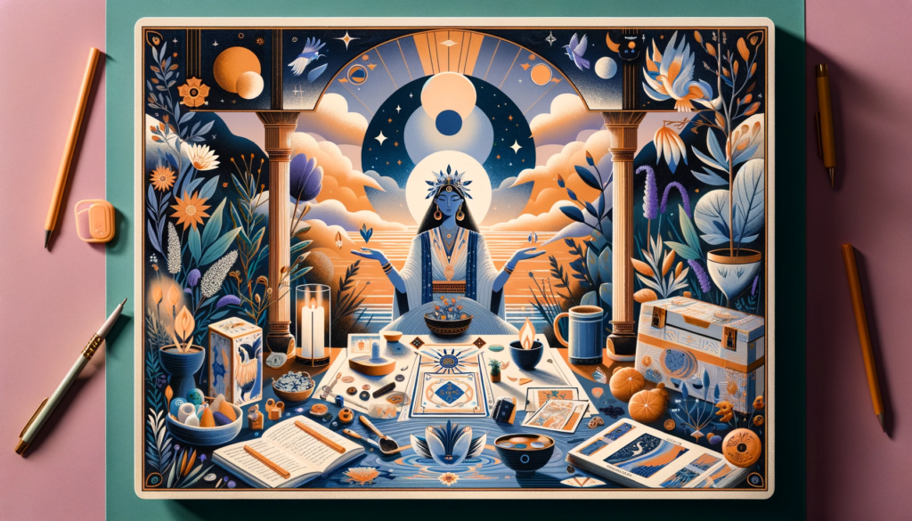 An inspiring image reflecting the Empress tarot card's themes of balance, nurturing, and personal growth. It features a serene, Empress-like figure in a tranquil setting, surrounded by symbols of love and connection, with elements of self-care such as a meditation space and creative tools. The atmosphere exudes peace, creativity, and a harmonious blend of caring for oneself and others, capturing the essence of the Empress card's message of abundance, love, and happiness.