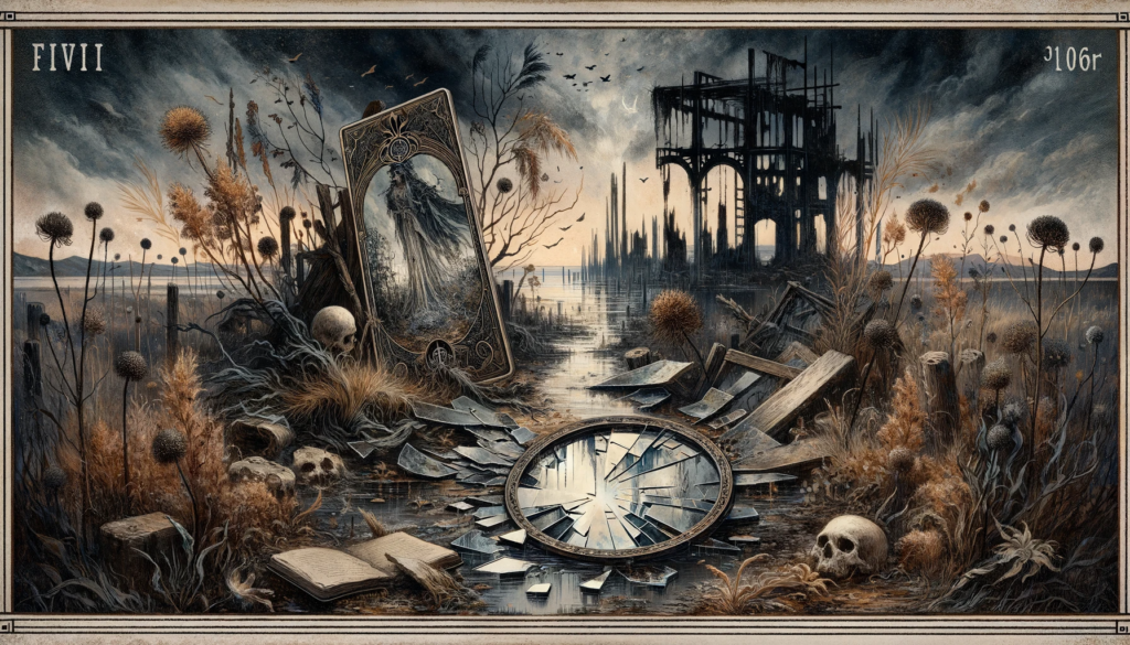 Visual interpretation of the reversed Empress tarot card, depicting a somber landscape with withered plants, symbolizing neglect and a lack of nurturing. The scene includes a broken mirror, representing poor health and a fragmented self, set against a backdrop of abandoned structures, evoking themes of abandonment and disconnection. The image, dominated by darker tones and a sense of decay, powerfully conveys the idea of destructive behavior and the consequences of neglecting true love and care.