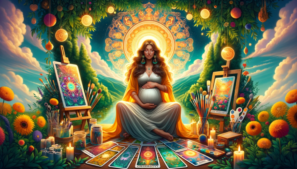 Vibrant depiction of The Empress tarot card's upright meanings, featuring a nurturing, motherly figure symbolizing pregnancy and motherhood, surrounded by creative elements like paintbrushes and canvases. The Empress exudes intelligence and leadership, set in a lush, abundant environment indicative of good health and prosperity. The scene integrates elements of beauty and sensuality, with a mirror reflecting the Empress's grace, all bathed in vibrant colors and joyful expressions, encapsulating positivity, nurturing, and fulfillment.