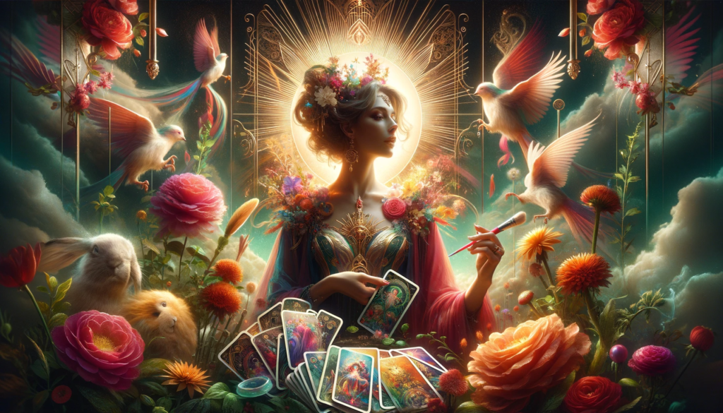 Cinematic and fantasy-inspired image capturing the essence of The Empress tarot card, featuring a majestic, Empress-like figure in a lush, abundant environment. She symbolizes nurturing qualities, creativity, and intelligence. The scene is filled with vibrant colors, elements of beauty, sensuality, and happiness, along with symbols of artistic and leadership prowess like a paintbrush and a crown. The overall atmosphere exudes empowerment, positivity, and fulfillment, creating a visually stunning summary of The Empress card's rich symbolism.