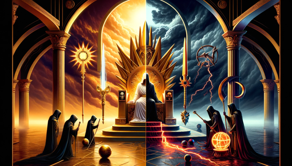 An artistic representation of the Emperor archetype's dual nature in pop culture, with an empty throne at the center signifying the power of leadership. The left side bathes in golden light, with symbols of noble leadership, while the right side is engulfed in darkness, with emblems of tyranny and cruelty, reflecting the contrasting portrayals of authority in stories and media.