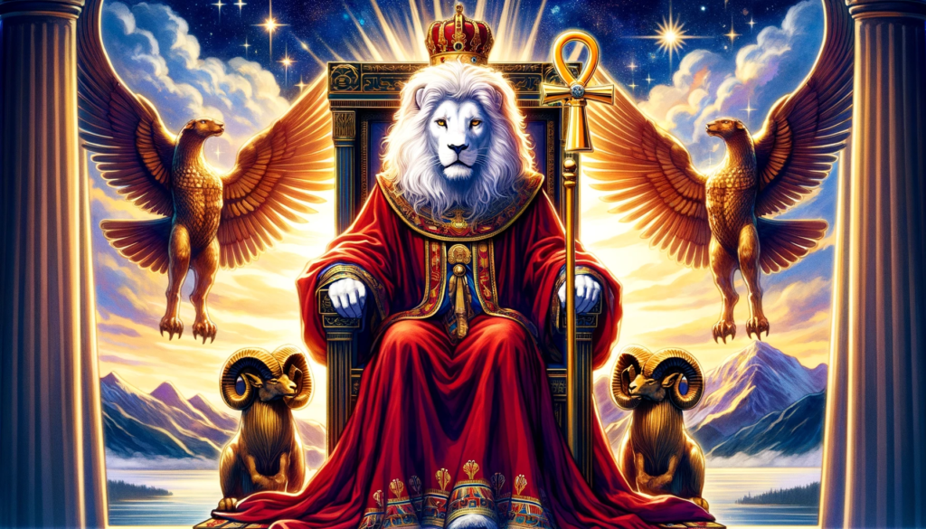 An illustrious white lion-headed figure is seated on a grand throne under a radiant sky, symbolizing The Emperor tarot card in a 16:9 aspect ratio. The figure, arrayed in a resplendent red robe, holds a life-affirming Egyptian ankh. Ram heads on the throne pay tribute to Aries, merging astrology with tarot symbolism. The scene is set against a backdrop of majestic mountains, evoking a sense of noble leadership and eternal strength.