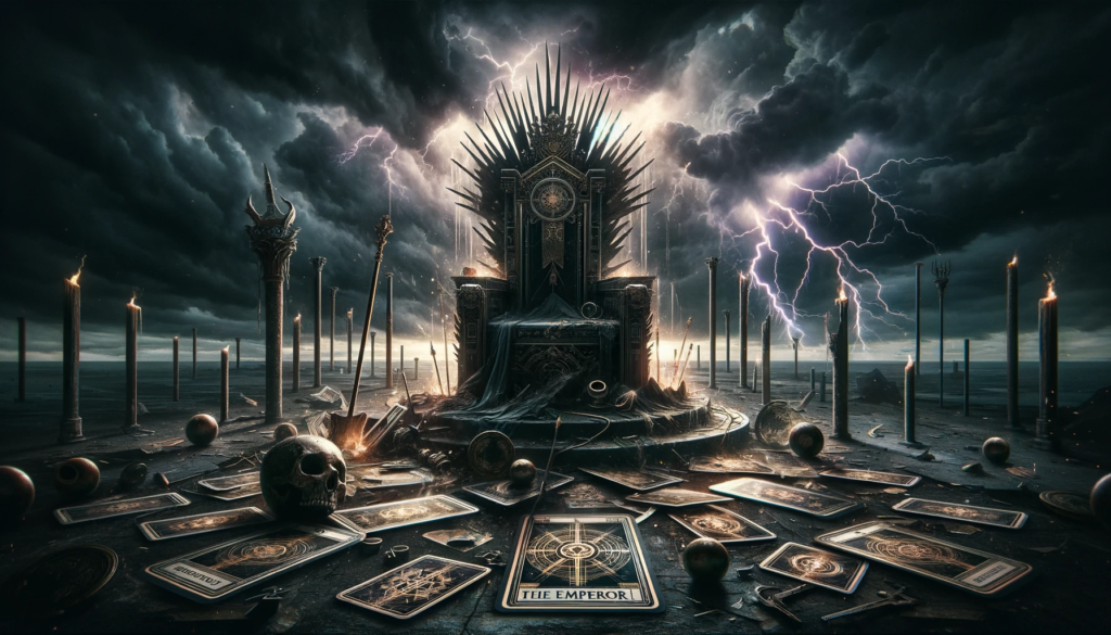 Digital art capturing the reversed Emperor tarot card, featuring a throne in disarray under a tempestuous sky, symbolizing power misuse and the necessity for discipline and balance. Lightning strikes frame the chaotic scene where symbols of power are abandoned, prompting a meditation on authority and personal growth.