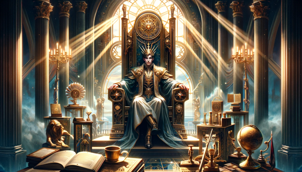Illustrative digital art portraying the upright Emperor tarot card, featuring a wise and authoritative figure on a throne, surrounded by symbols of strategic leadership and business success. The setting is grand, with books, awards, and a globe, emphasizing the card's association with professional mastery and the guidance of resources towards common goals.