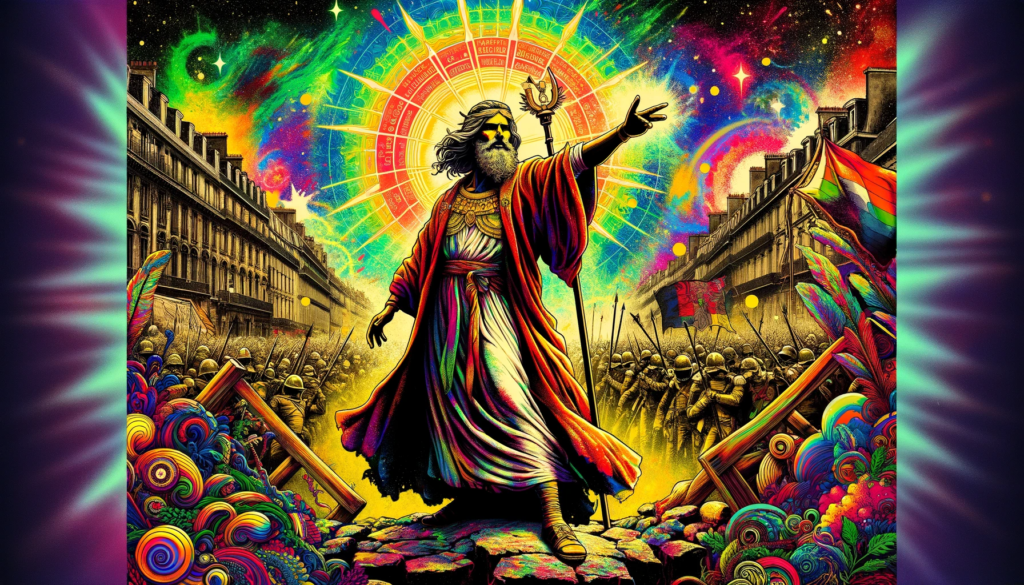 Psychedelic 1960s-style image of a Hierophant figure leading a protest at a barricade, inspired by Les Misérables. The figure strikes a pose with one hand pointing up and the other down, symbolizing guidance and balance. They embody individualistic free-thinking and spirituality, set against a backdrop of vibrant elements and a symbolic barricade, representing the fight against industrialized, militarized institutionalism. The artwork captures the spirit of leading a movement with creative and spiritual energy, resonant with the Hierophant's themes of wisdom and challenging the status quo.
