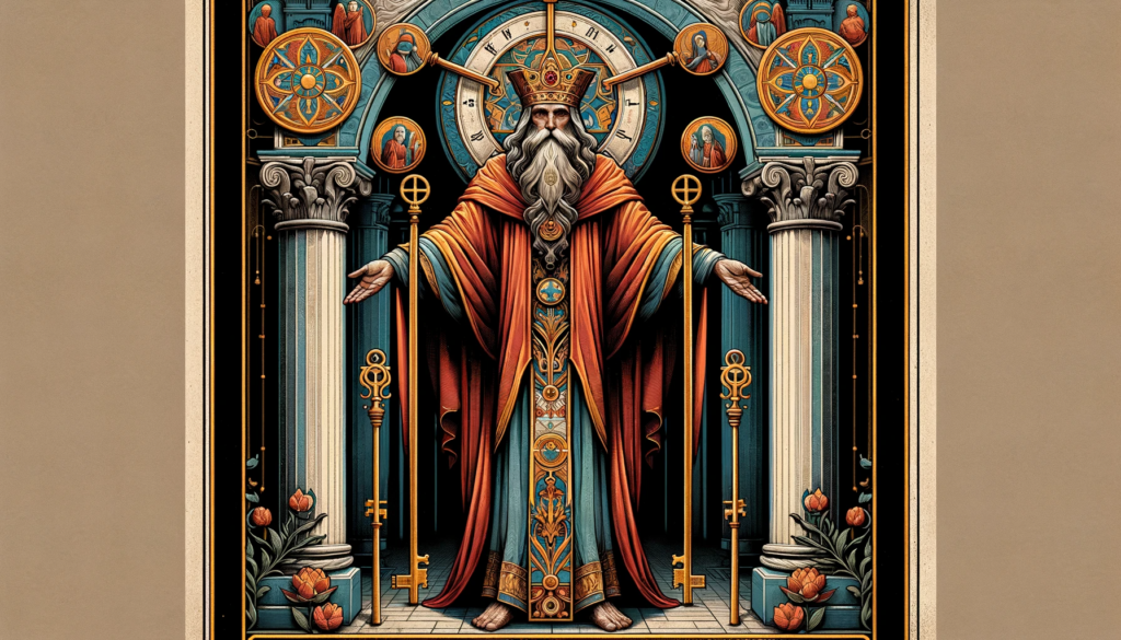 Symbolic depiction of The Hierophant Tarot Card, featuring a sage-like figure standing between two pillars, representing balance and duality. The figure wears a triple crown symbolizing authority over body, mind, and spirit, and extends a hand in blessing, connecting heaven and earth. Beneath the figure are crossed keys, representing the unlocking of hidden truths. The image evokes a journey of spiritual exploration and the interconnectedness of spiritual and earthly realms.