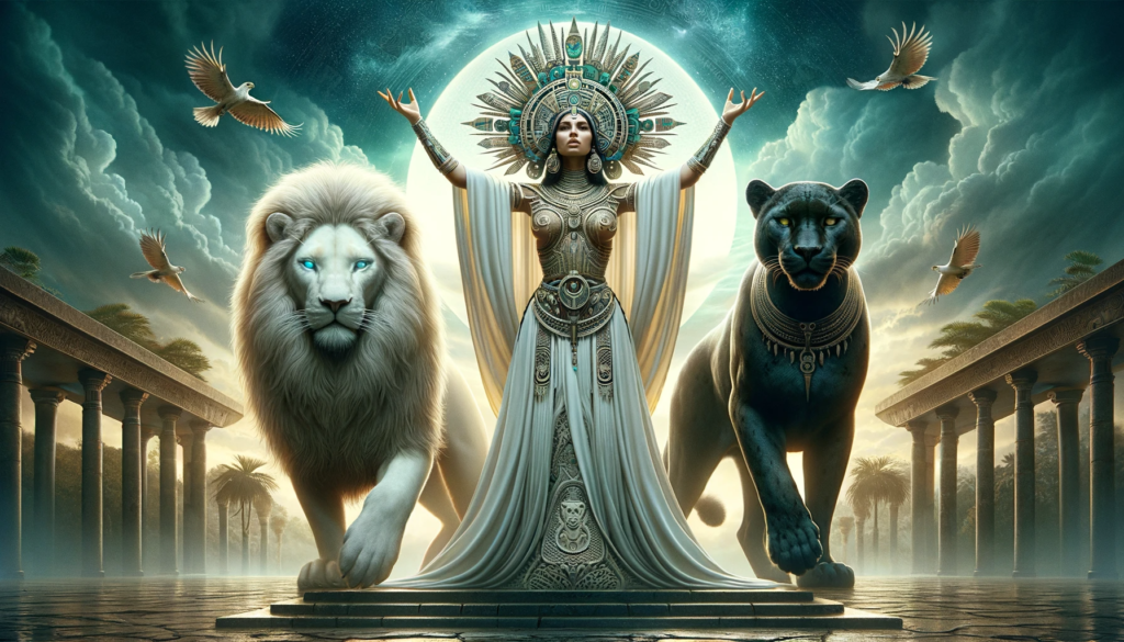 Impressive digital artwork of 'The Hierophant' featuring a Meso-American Priestess with arms raised in an empowering gesture, flanked by a majestic white lion to her right and a mysterious black jaguar to her left. Set against a backdrop of an ancient temple with mystical birds in flight, the scene captures the spiritual essence and traditional symbolism of the tarot card.