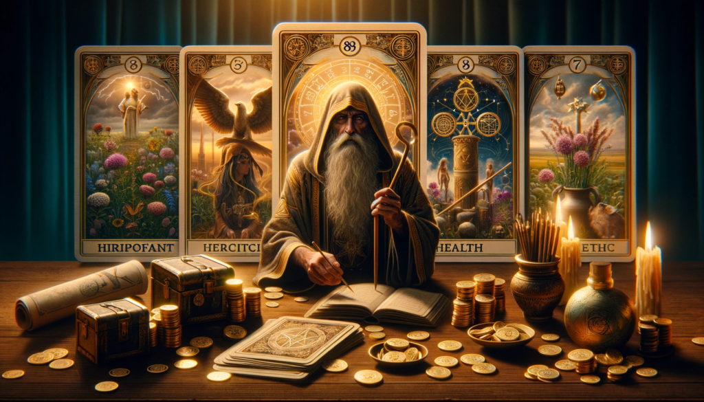 Visual portrayal of The Hierophant tarot card featuring a sage figure surrounded by symbols of unity, financial prudence, and traditional healing practices, set against a backdrop that evokes time-honored traditions and the enduring power of societal norms.