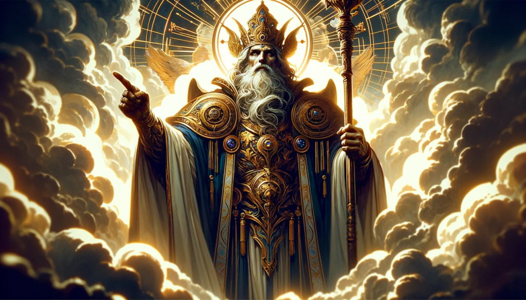 An imposing Hierophant figure in regal attire, from the waist up, with one hand raised to the heavens and the other grasping a scepter, symbolizing spiritual guidance and authority.