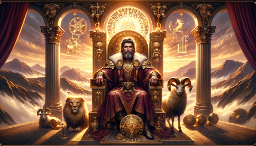 A striking 16:9 image depicting The Emperor tarot card, featuring a majestic figure seated on a grand throne. The Emperor, with an aura of authority and wisdom, is surrounded by symbols of leadership and astrological elements related to Aries, such as rams. The warm, dawn-like background with mountain peaks symbolizes new beginnings and the vastness of his domain, blending fantasy and realism in a rich, symbolic composition.