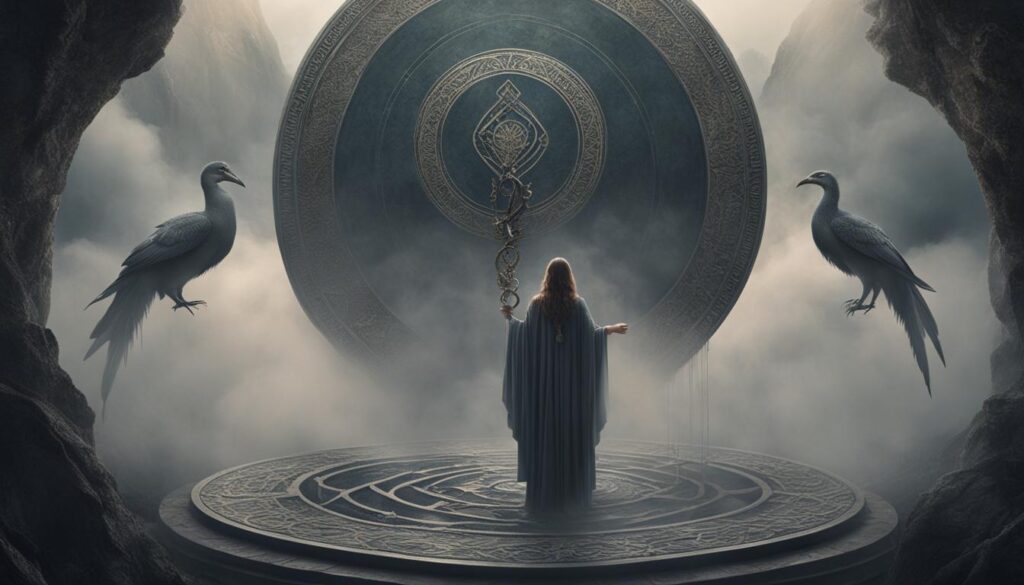 Sorceress before Mystical Celtic Symbol - an atmospheric image of a cloaked figure standing before a grand, ornately inscribed disc, evoking the mystical elements of The High Priestess tarot card. Flanked by two majestic, ethereal birds perched upon stone, the scene is steeped in mist and ancient symbolism, mirroring the themes of 'Intuition vs. Obfuscation' in the article 'What does The High Priestess tarot card mean?