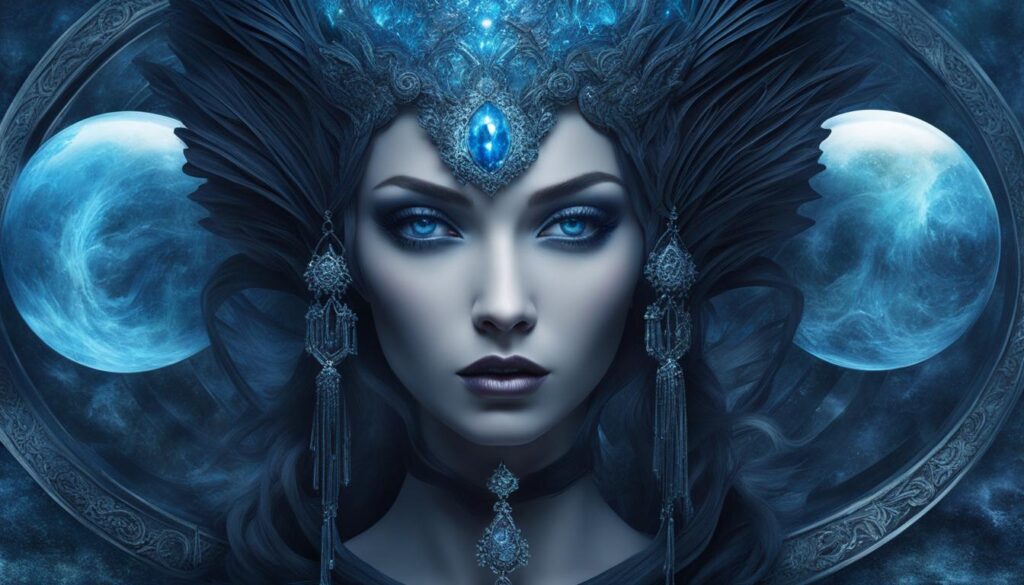 Majestic Female Sorceress with Moon Ornaments - a mesmerizing image of a woman embodying the essence of The High Priestess tarot card, adorned with intricate silver headpiece and jewelry, framed by two glowing full moons. Her piercing blue eyes and mystical ambiance encapsulate the themes of intuition and the mystical, perfect for the article titled 'What does The High Priestess tarot card mean?' under the subtitle 'The High Priestess: Intuition vs. Obfuscation.
