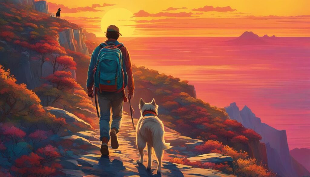 Serene image of a traveler with a backpack walking with a white dog along a mountain path at sunrise, embodying the spirit of The Fool tarot card. The path overlooks a stunning landscape of autumn-hued trees and distant mountains bathed in the warm glow of the rising sun, symbolizing the start of a new journey and the optimistic embarkation into the unknown that The Fool signifies.