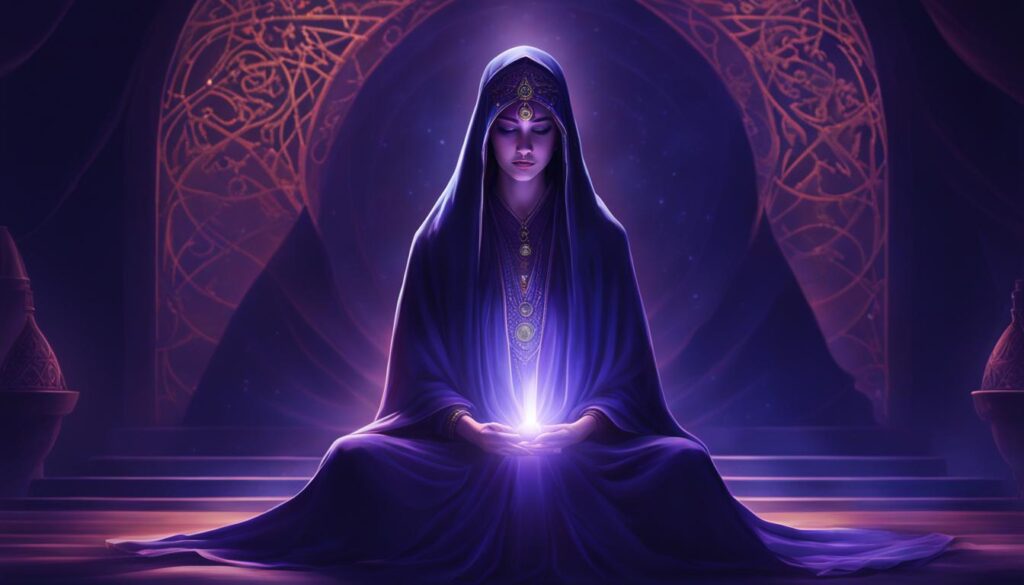 Tranquil High Priestess in Meditation - a serene image depicting a figure in deep meditation, cloaked in a rich, blue robe with golden accents, embodying the introspective and intuitive nature of The High Priestess tarot card. A radiant light emanates from her hands, symbolizing enlightenment and spiritual wisdom, against a backdrop of mystical symbols and celestial ambiance, resonating with the article's theme 'The High Priestess: Intuition vs. Obfuscation.