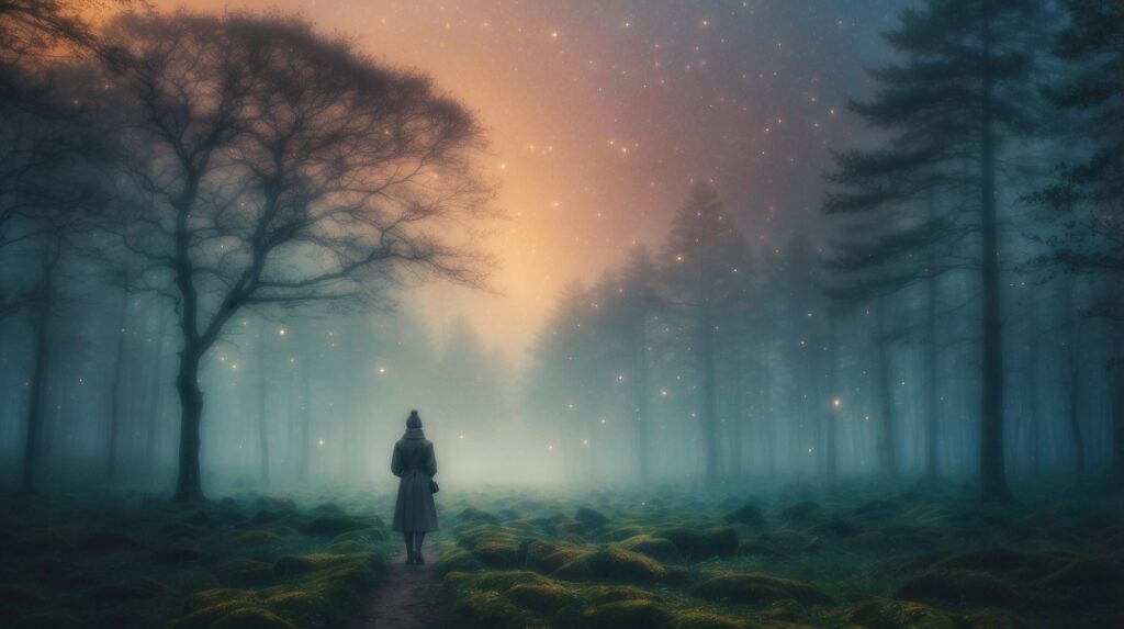 A figure stands on a moss-covered path in a foggy forest under a starry sky, evoking a sense of enchantment and mystery.