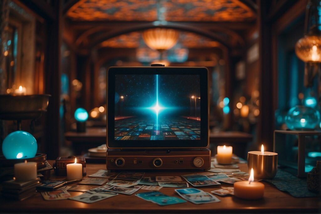 Vintage computer displaying a tarot card with a radiant star, surrounded by lit candles, scattered tarot cards, and a glowing crystal ball in a mystical room."