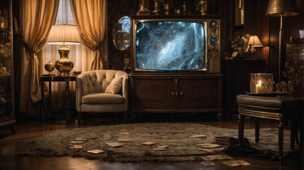 A vintage TV in an opulent room displays a blue mystical swirl, surrounded by scattered tarot cards and candlelight, creating an aura of ancient magic.