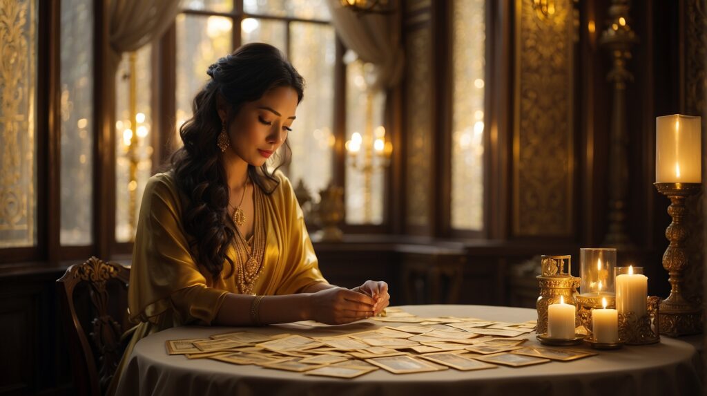Amidst debates on media perception of psychic practices, a woman in golden attire thoughtfully analyzes tarot cards, symbolizing a rational, introspective approach.